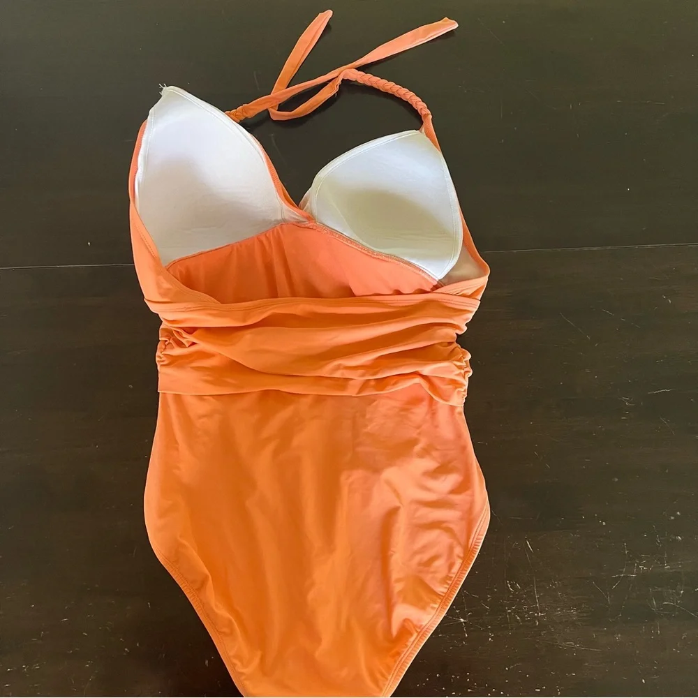 Bleu Rod Beattie orange one piece swimsuit halter braided tie padded bust